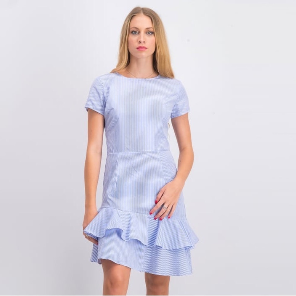 Aqua Color Blue & White Striped Tiered Ruffle Short Sleeve Mini‎ Dress Small